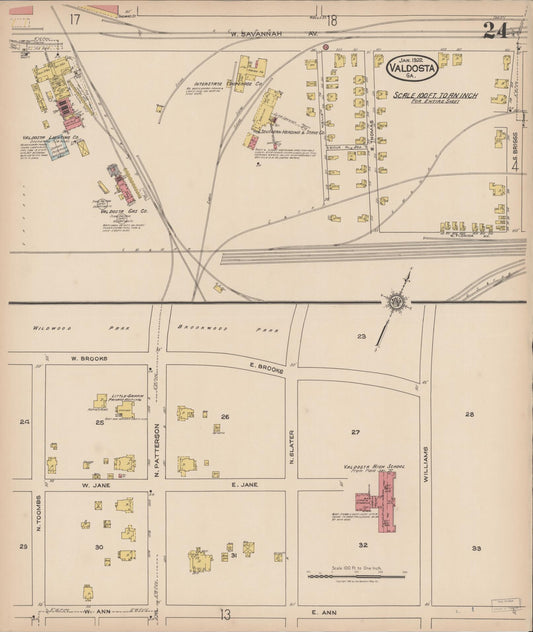 Sanborn Fire Insurance Map from Valdosta, Lowndes County, Georgia (1922), Sheet #0024 - Historic Sanborn Fire Insurance Map Print, vintage old map wall art, antique decor, genealogy gift, Georgia Georgia map