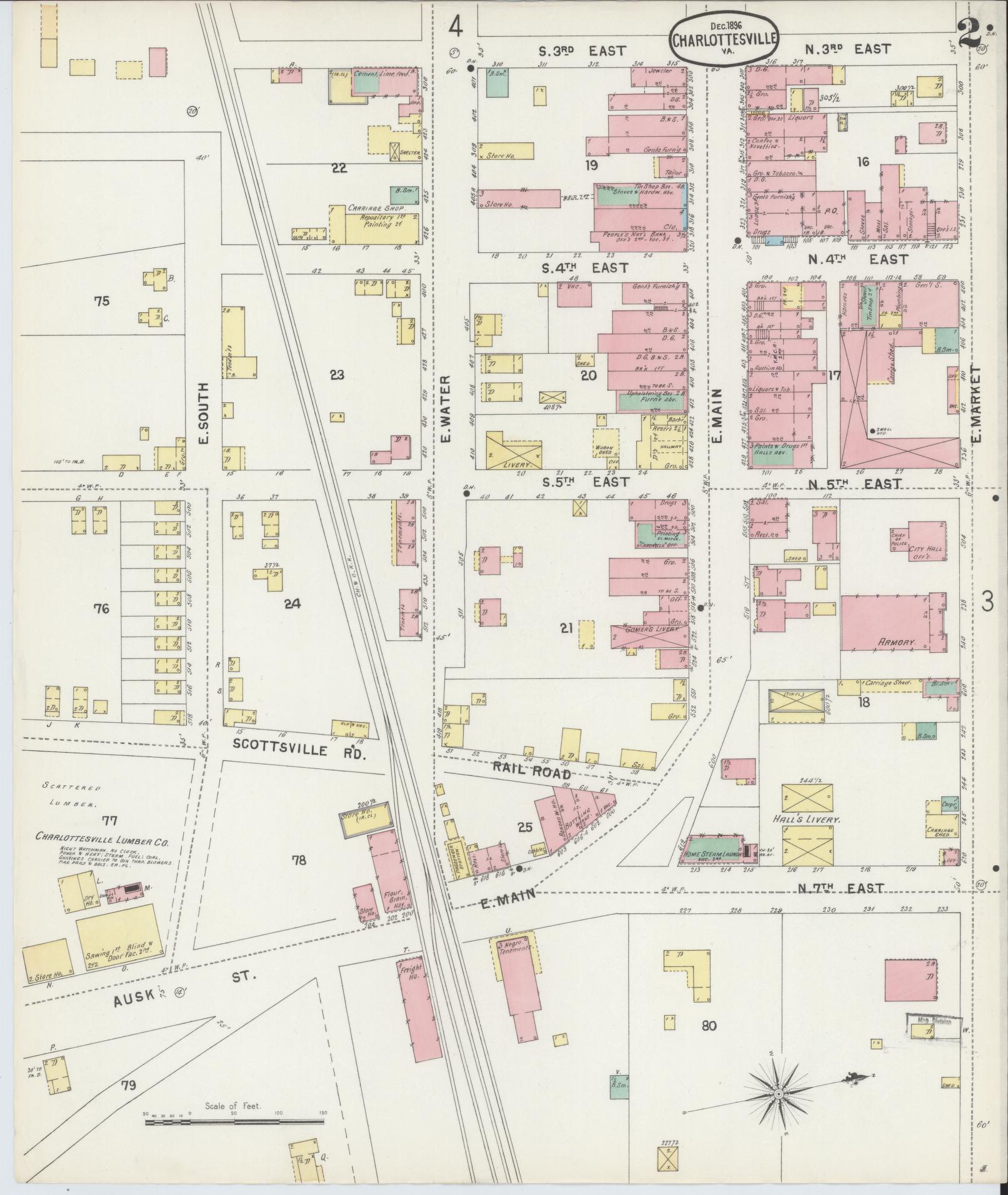 Sanborn Fire Insurance Map from Charlottesville, Independent Cities, Virginia (1896), Sheet #0002 - Historic Sanborn Fire Insurance Map Print, vintage old map wall art, antique decor, genealogy gift, Virginia Virginia map