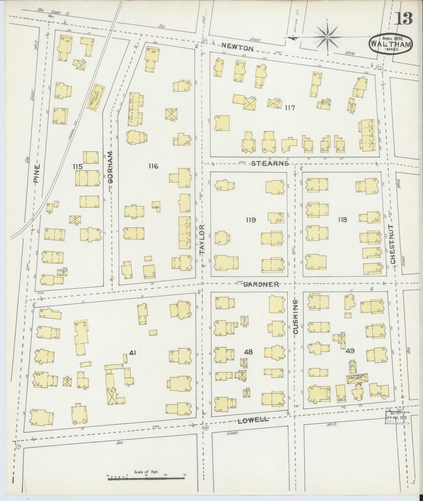 Sanborn Fire Insurance Map from Waltham, Middlesex County, Massachusetts (1892), Sheet #0013 - Complete Map Set gallery image, historic Sanborn map, vintage wall art, Massachusetts Massachusetts