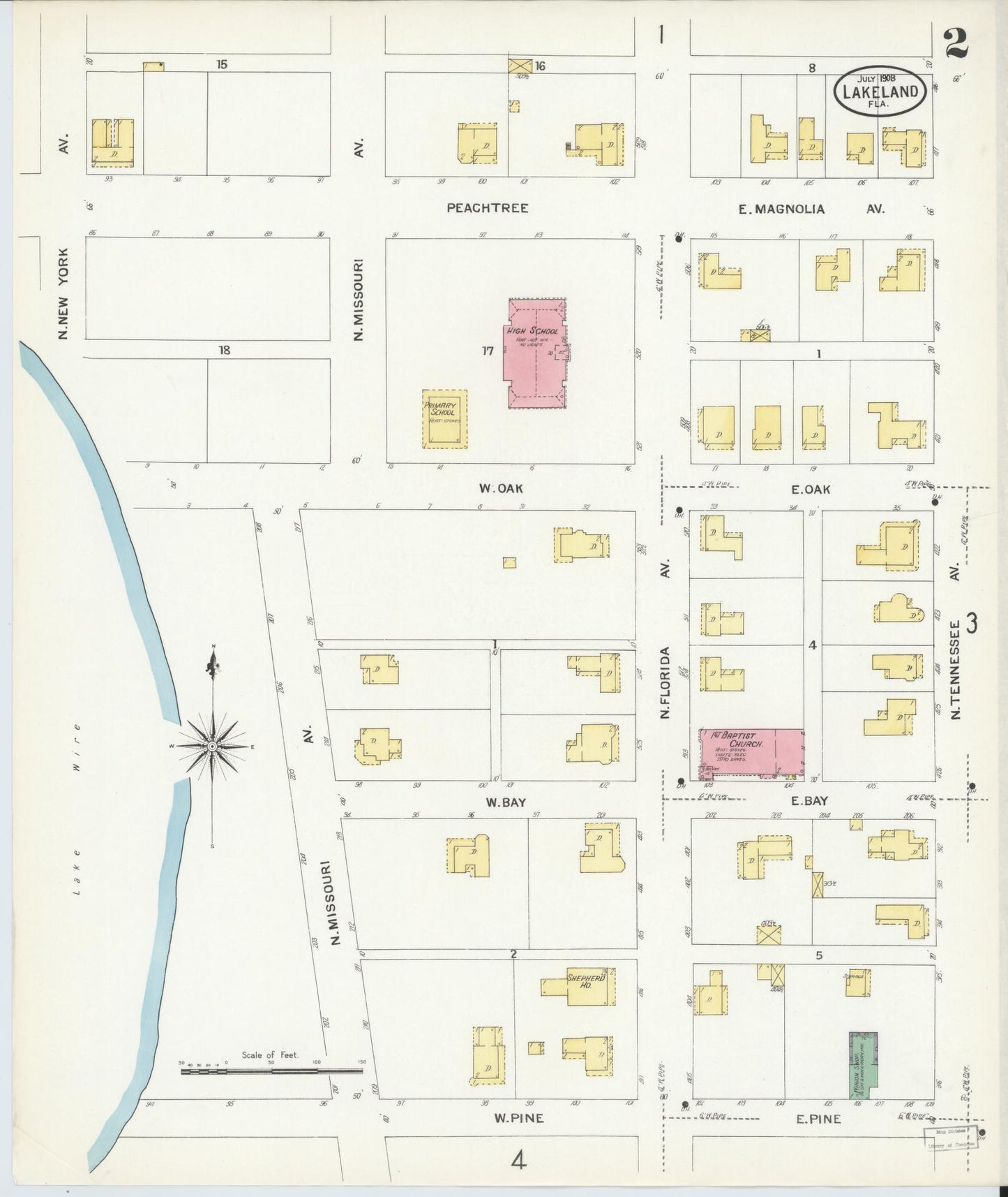 Sanborn Fire Insurance Map from Lakeland, Polk County, Florida (1908), Sheet #0002 - Historic Sanborn Fire Insurance Map Print, vintage old map wall art, antique decor, genealogy gift, Florida Florida map
