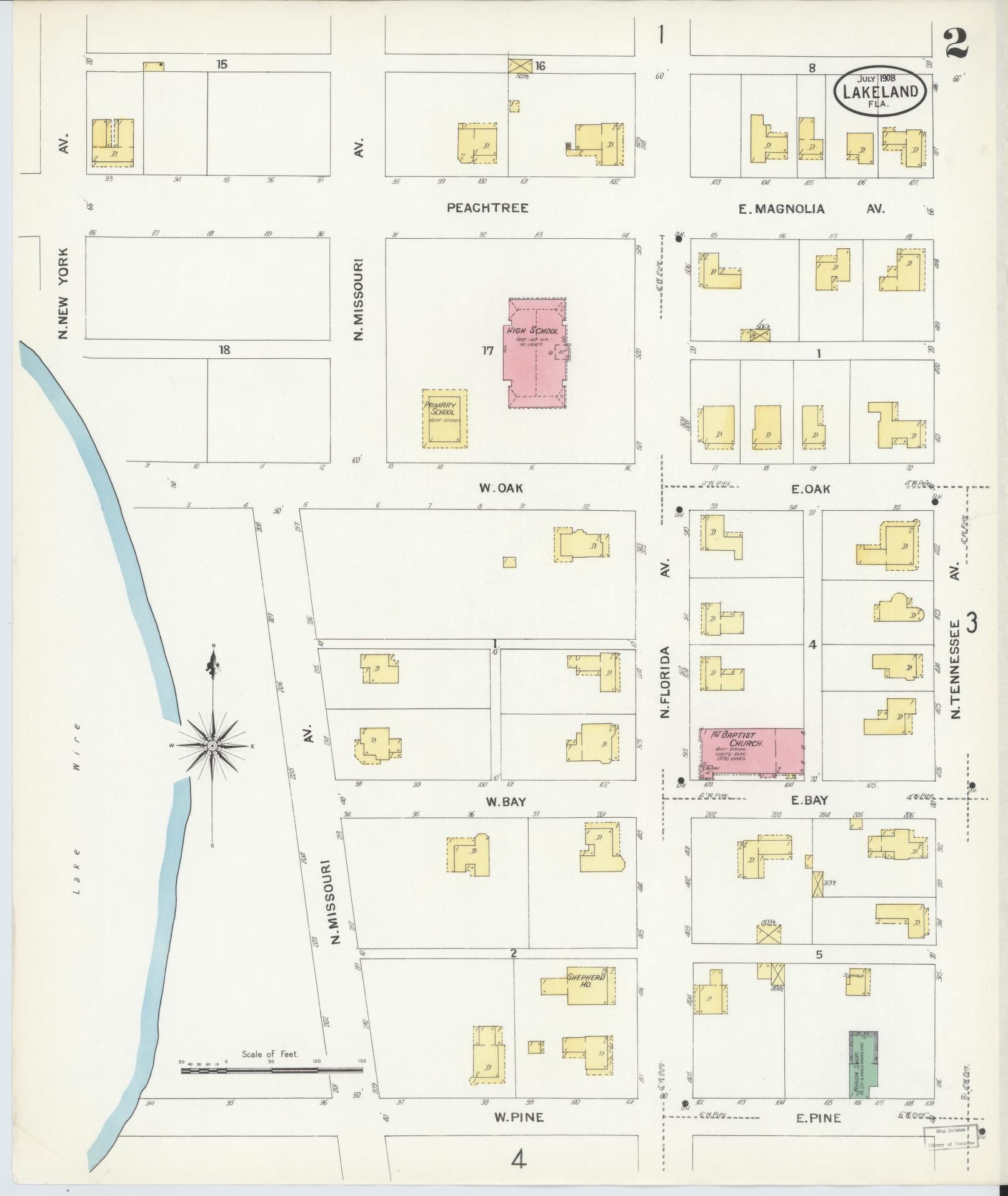Sanborn Fire Insurance Map from Lakeland, Polk County, Florida (1908), Sheet #0002 - Historic Sanborn Fire Insurance Map Print, vintage old map wall art, antique decor, genealogy gift, Florida Florida map