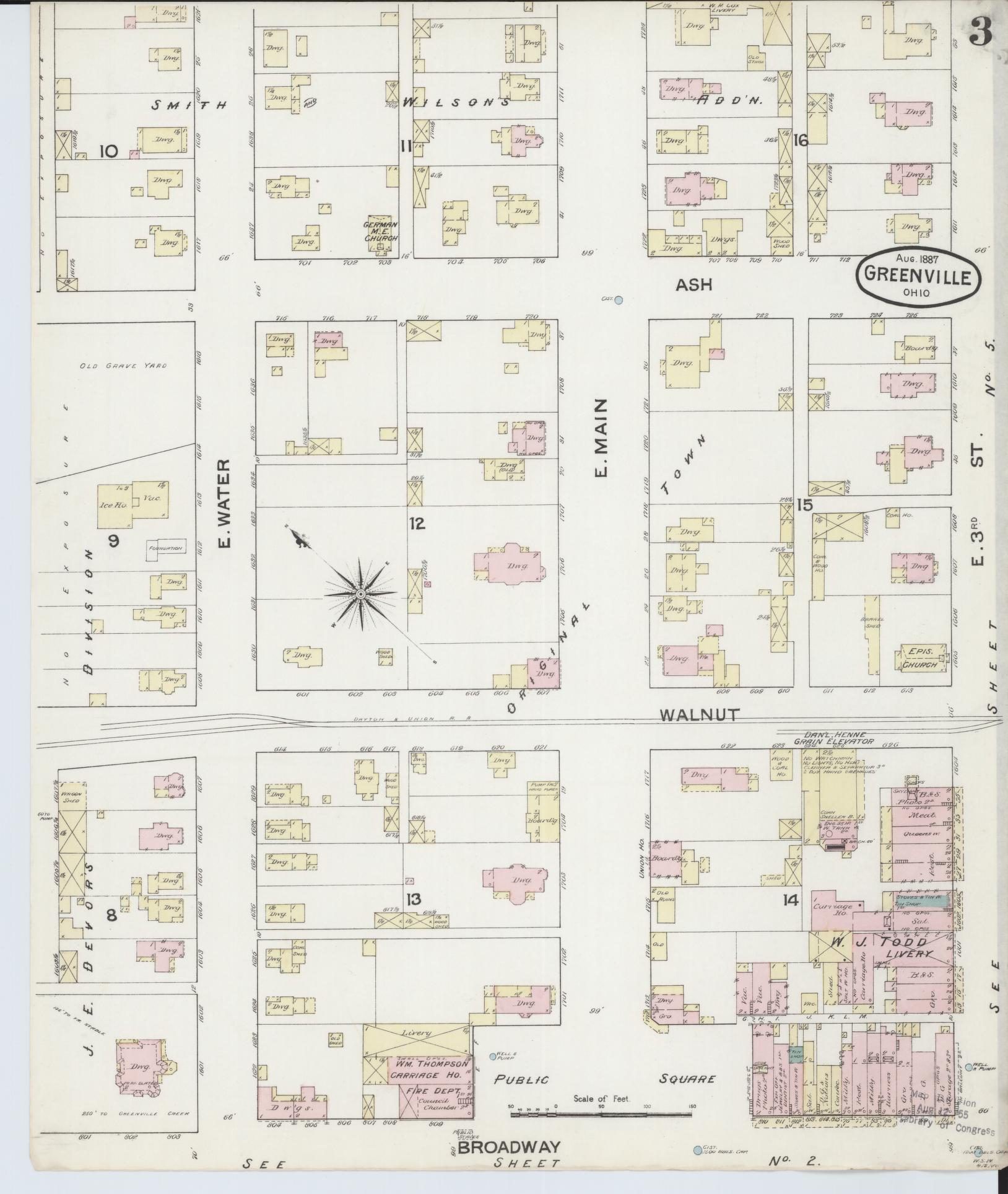 Sanborn Fire Insurance Map from Greenville, Darke County, Ohio (1887), Sheet #0003 - Complete Map Set gallery image, historic Sanborn map, vintage wall art, Ohio Ohio