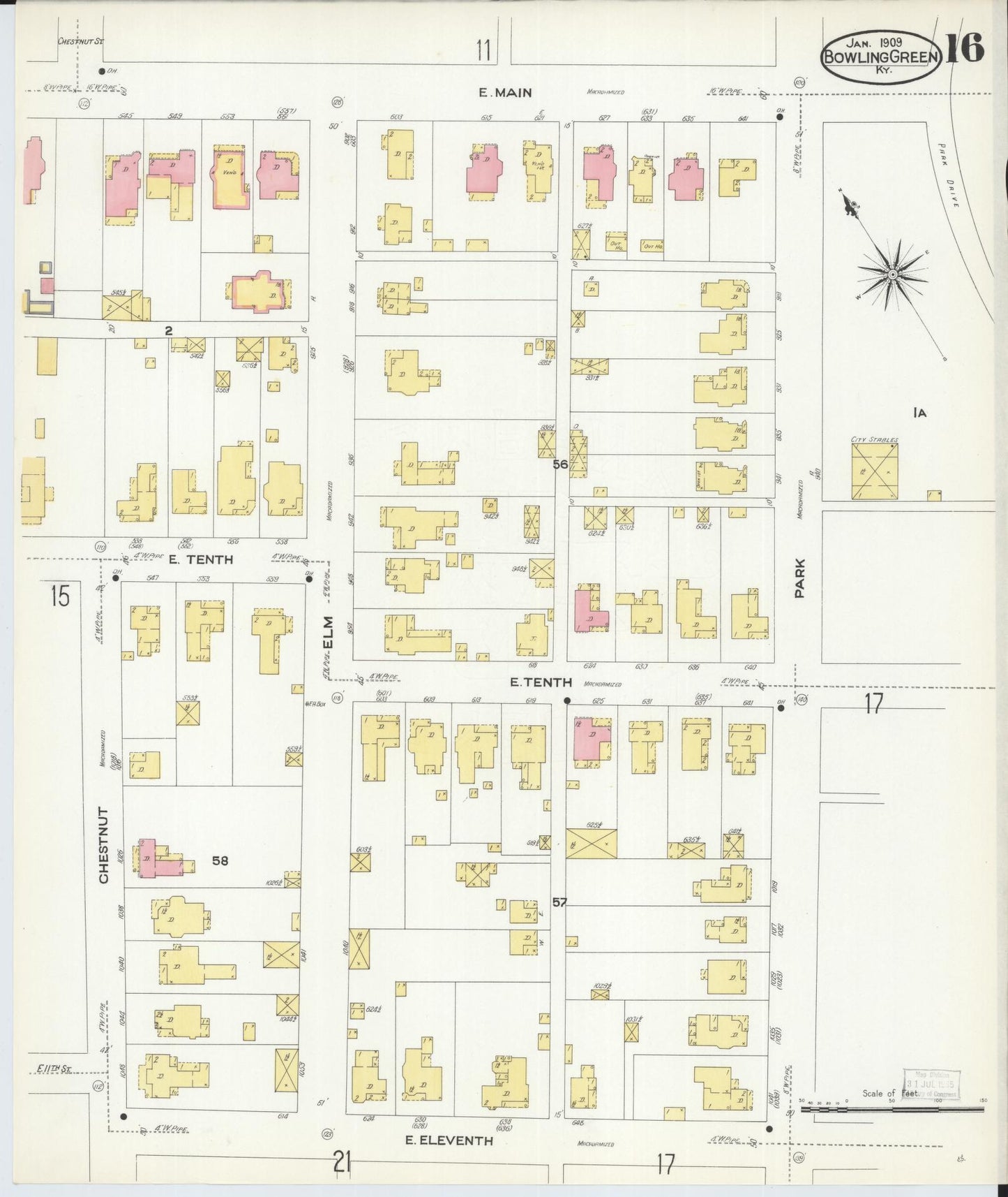 Sanborn Fire Insurance Map from Bowling Green, Warren County, Kentucky (1909), Sheet #0016 - Complete Map Set gallery image, historic Sanborn map, vintage wall art, Kentucky Kentucky