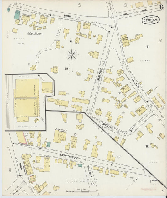 Sanborn Fire Insurance Map from Dedham, Norfolk County, Massachusetts (1892), Sheet #0006 - Historic Sanborn Fire Insurance Map Print, vintage old map wall art, antique decor, genealogy gift, Massachusetts Massachusetts map