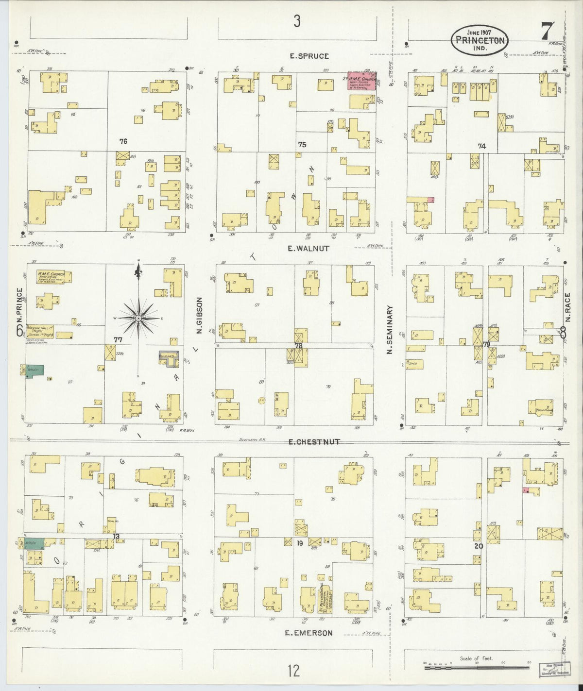 Sanborn Fire Insurance Map from Princeton, Gibson County, Indiana (1907), Sheet #0007 - Historic Sanborn Fire Insurance Map Print, vintage old map wall art, antique decor, genealogy gift, Indiana Indiana map
