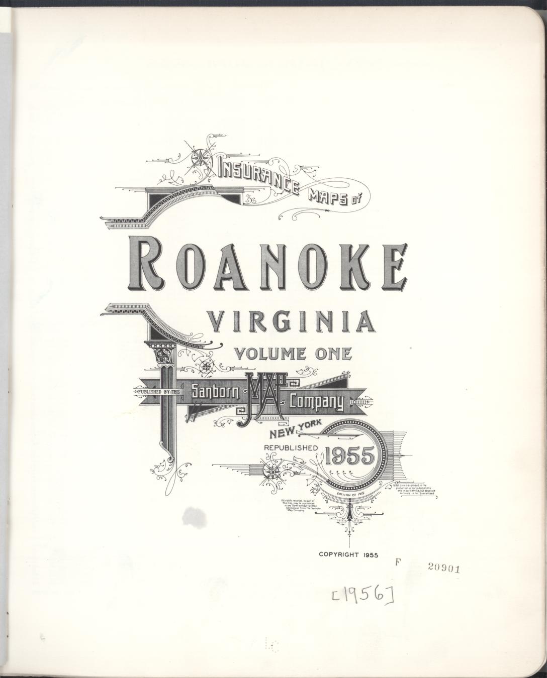 Sanborn Fire Insurance Map from Roanoke, Independent Cities, Virginia (1955), Sheet #0001 - Historic Sanborn Fire Insurance Map Print, vintage old map wall art, antique decor, genealogy gift, Virginia Virginia map