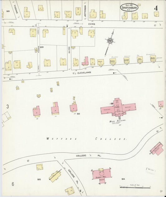 Sanborn Fire Insurance Map from Spartanburg, Spartanburg County, South Carolina (1912), Sheet #0004 - Historic Sanborn Fire Insurance Map Print, vintage old map wall art, antique decor, genealogy gift, South Carolina South Carolina map