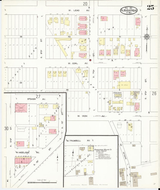 Sanborn Fire Insurance Map from Albuquerque, Bernalillo County, New Mexico (1913), Sheet #0025 - Historic Sanborn Fire Insurance Map Print, vintage old map wall art, antique decor, genealogy gift, New Mexico New Mexico map