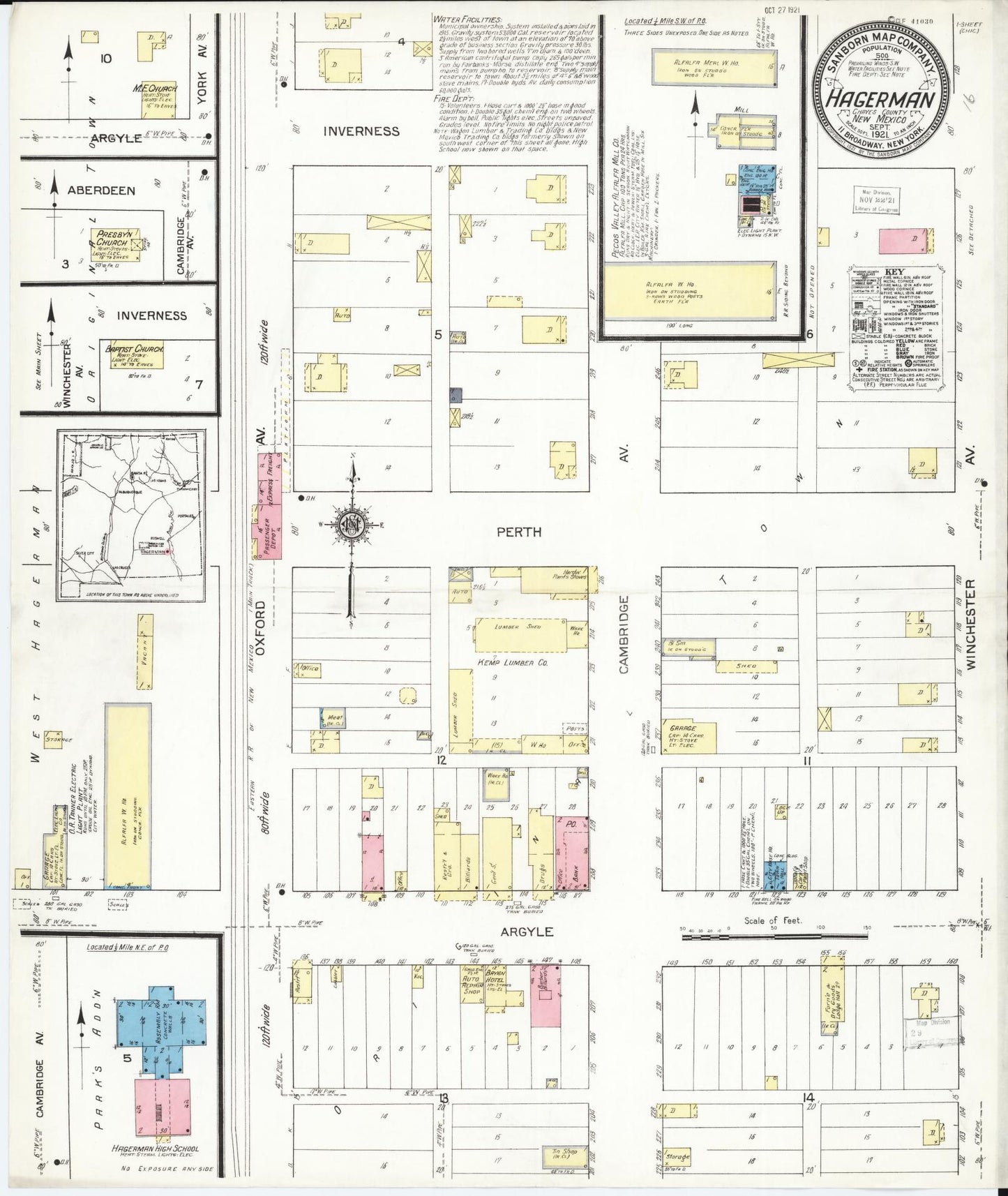 Sanborn Fire Insurance Map from Hagerman, Chaves County, New Mexico (1921), Sheet #0001 - Historic Sanborn Fire Insurance Map Print, vintage old map wall art, antique decor, genealogy gift, New Mexico New Mexico map