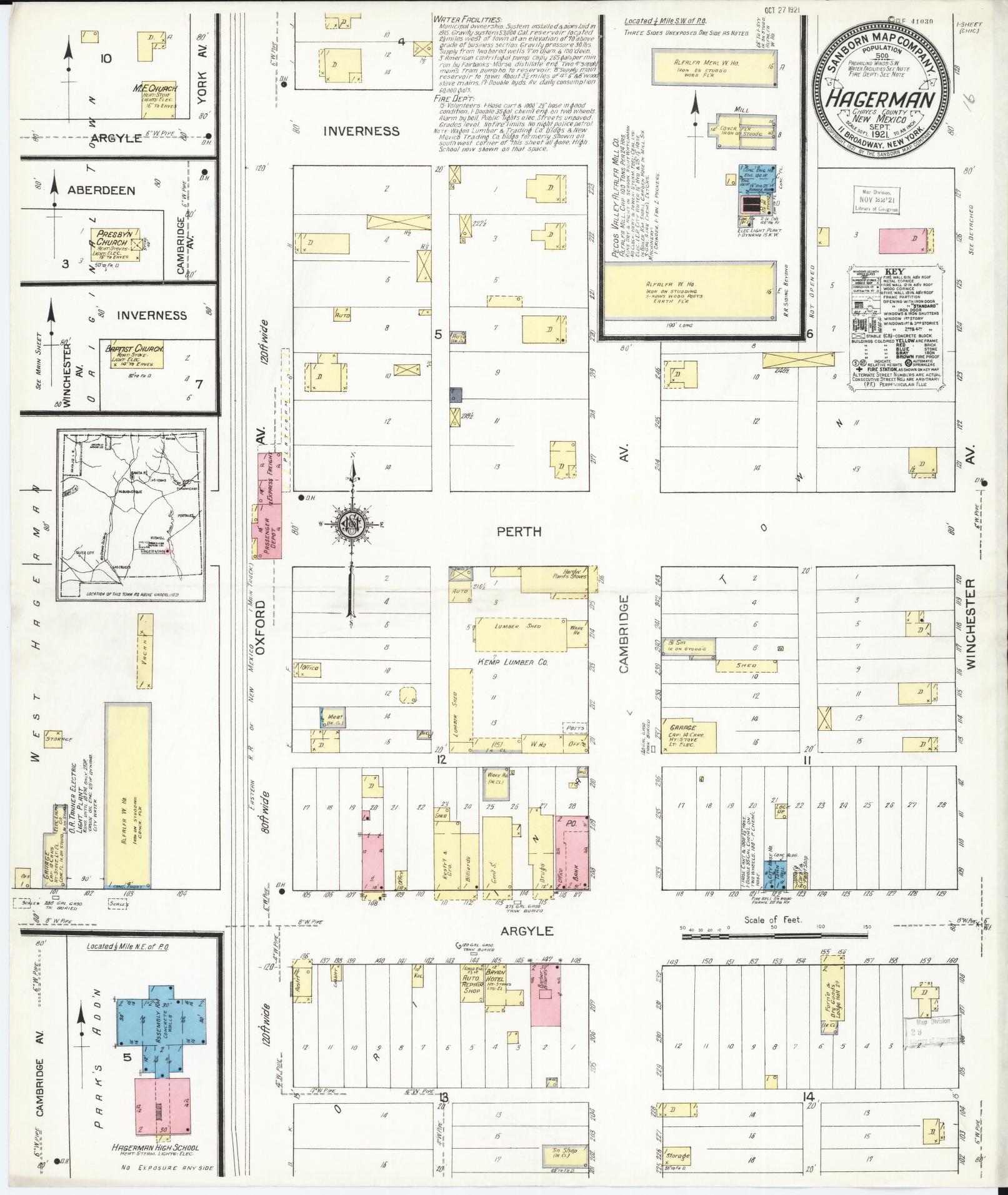 Sanborn Fire Insurance Map from Hagerman, Chaves County, New Mexico (1921), Sheet #0001 - Historic Sanborn Fire Insurance Map Print, vintage old map wall art, antique decor, genealogy gift, New Mexico New Mexico map