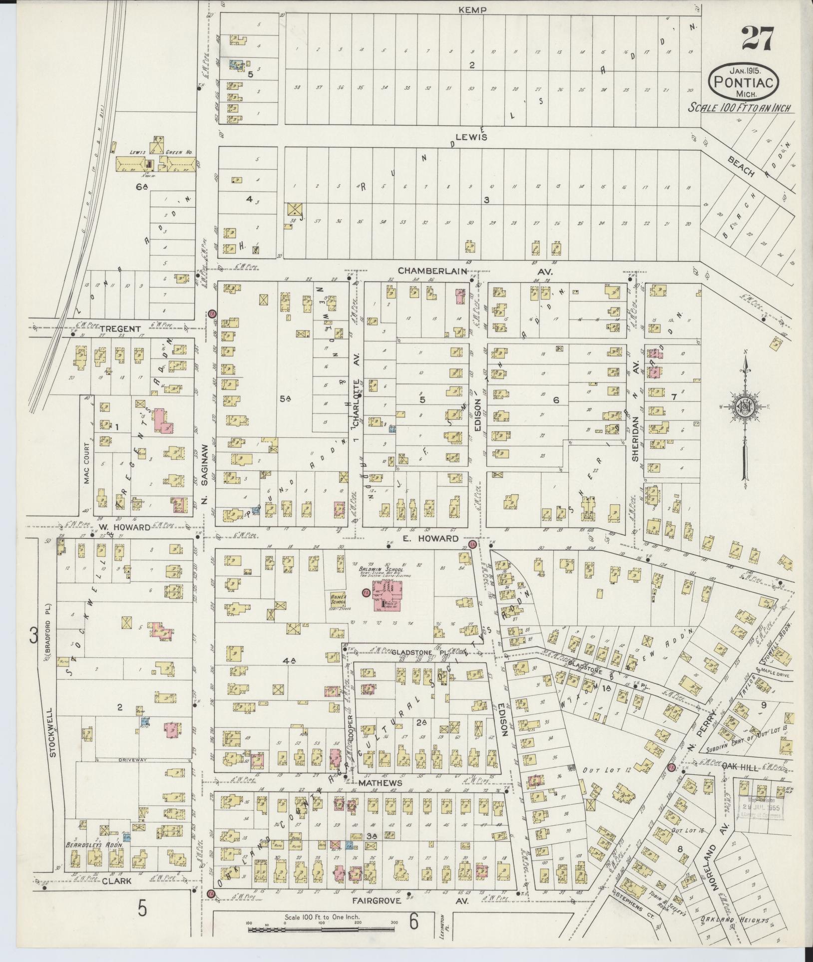 Sanborn Fire Insurance Map from Pontiac, Oakland County, Michigan (1915), Sheet #0027 - Complete Map Set gallery image, historic Sanborn map, vintage wall art, Michigan Michigan