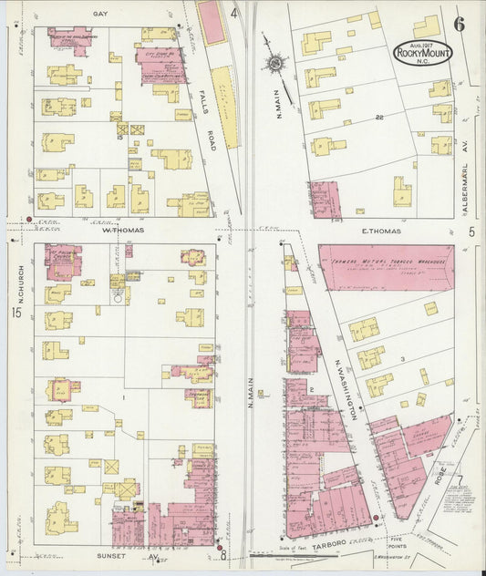 Sanborn Fire Insurance Map from Rocky Mount, Edgecombe And Nash Counties, North Carolina (1917), Sheet #0006 - Historic Sanborn Fire Insurance Map Print, vintage old map wall art, antique decor, genealogy gift, North Carolina North Carolina map