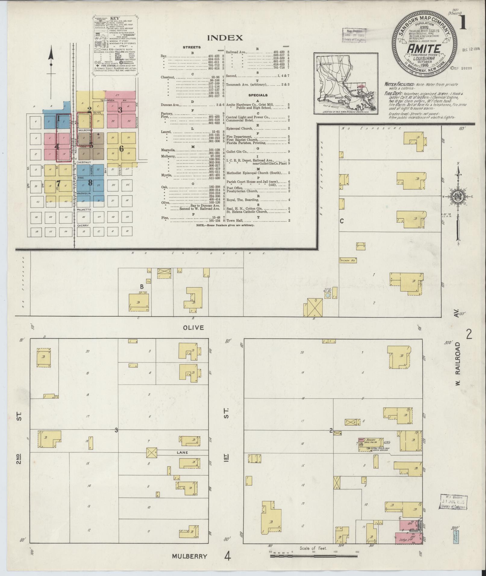 Sanborn Fire Insurance Map from Amite, Tangipahoa Parish, Louisiana (1916), Sheet #0001 - Complete Map Set gallery image, historic Sanborn map, vintage wall art, Louisiana Louisiana