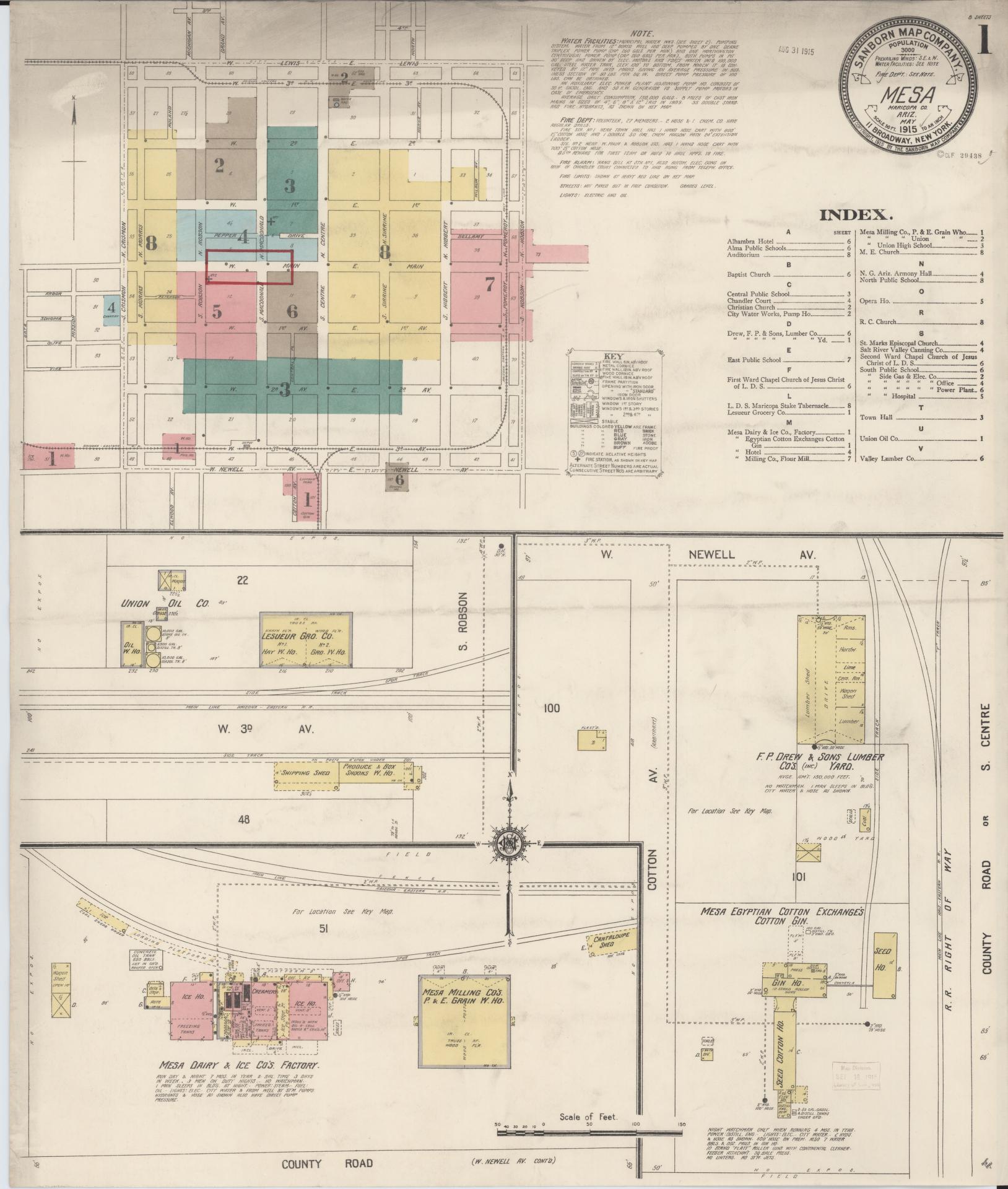 Sanborn Fire Insurance Map from Mesa, Maricopa County, Arizona (1915), Sheet #0001 - Complete Map Set gallery image, historic Sanborn map, vintage wall art, Arizona Arizona