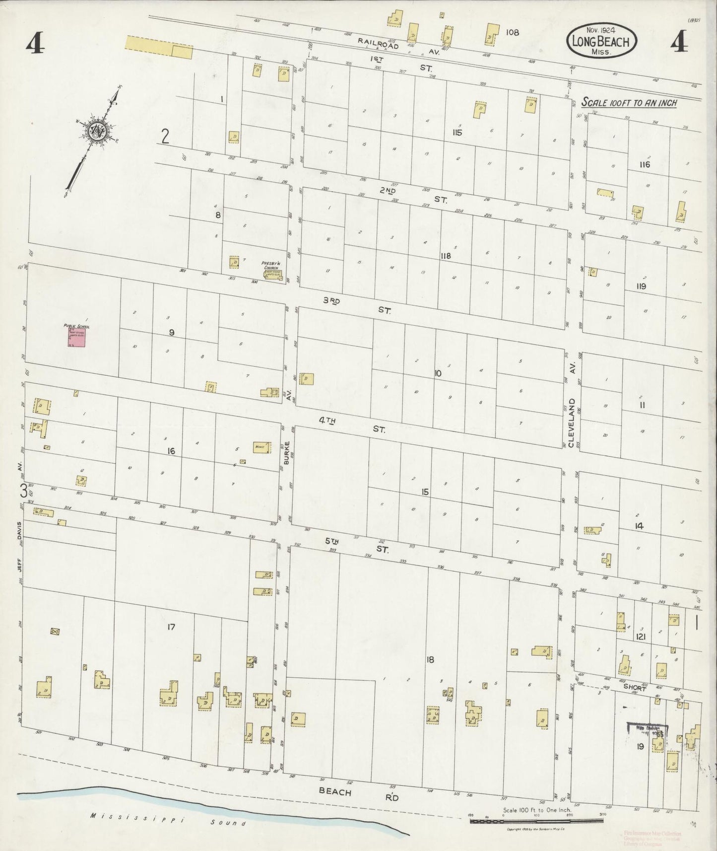 Sanborn Fire Insurance Map from Long Beach, Harrison County, Mississippi (1924), Sheet #0004 - Historic Sanborn Fire Insurance Map Print, vintage old map wall art, antique decor, genealogy gift, Mississippi Mississippi map