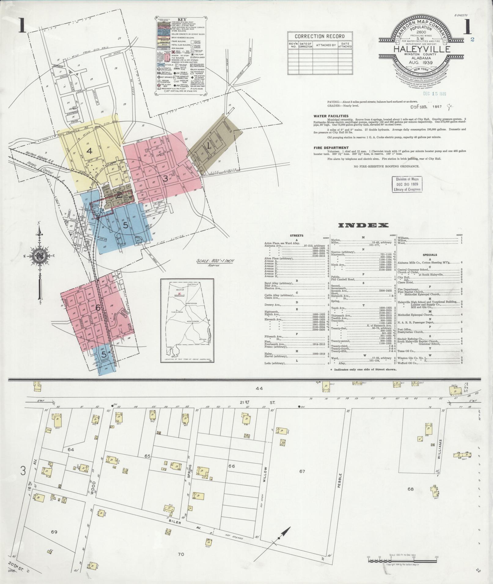 Sanborn Fire Insurance Map from Haleyville, Winston County, Alabama (1939), Sheet #0001 - Complete Map Set gallery image, historic Sanborn map, vintage wall art, Alabama Alabama