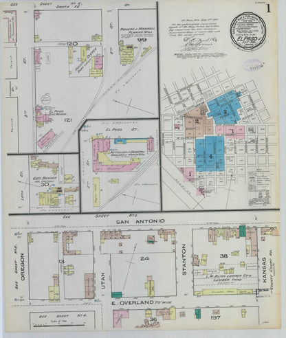 Sanborn Fire Insurance Map from El Paso, El Paso County, Texas (1885), Sheet #0001 - Historic Sanborn Fire Insurance Map Print, vintage old map wall art, antique decor, genealogy gift, Texas Texas map