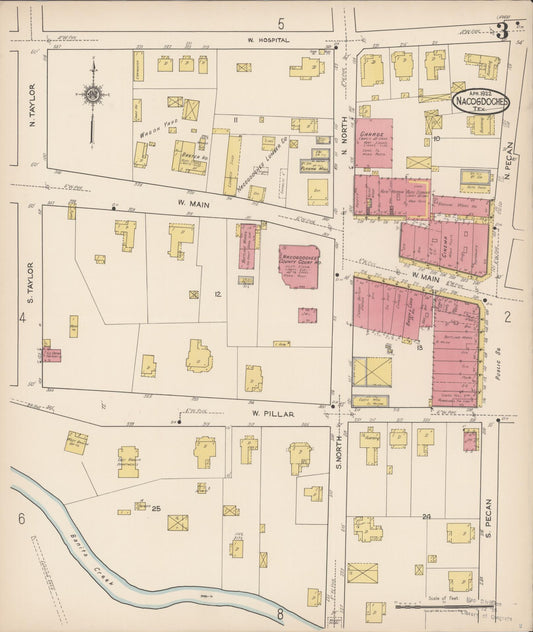 Sanborn Fire Insurance Map from Nacogdoches, Nacogdoches County, Texas (1922), Sheet #0003 - Historic Sanborn Fire Insurance Map Print, vintage old map wall art, antique decor, genealogy gift, Texas Texas map
