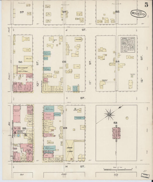 Sanborn Fire Insurance Map from Modesto, Stanislaus County, California (1885), Sheet #0005 - Historic Sanborn Fire Insurance Map Print, vintage old map wall art, antique decor, genealogy gift, California California map