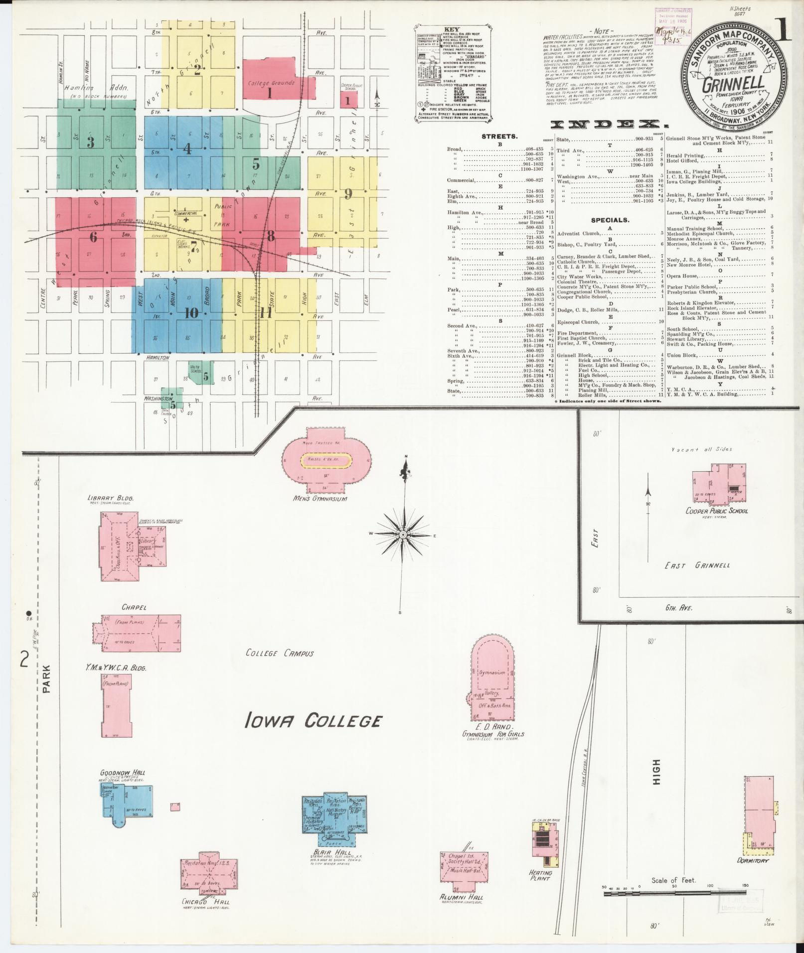 Sanborn Fire Insurance Map from Grinnell, Poweshiek County, Iowa (1906), Sheet #0001 - Historic Sanborn Fire Insurance Map Print, vintage old map wall art