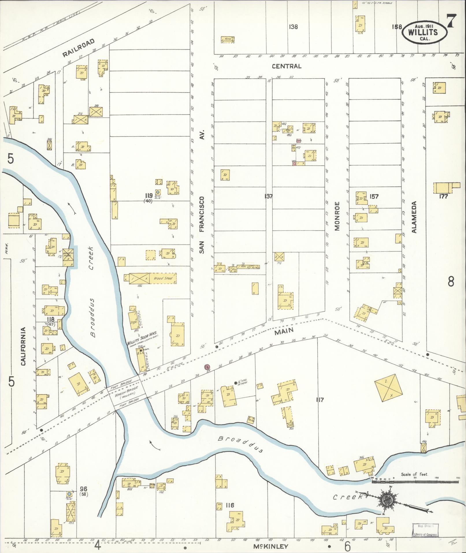 Sanborn Fire Insurance Map from Willits, Mendocino County, California (1911), Sheet #0007 - Complete Map Set gallery image, historic Sanborn map, vintage wall art, California California