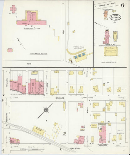 Sanborn Fire Insurance Map from Gaffney, Cherokee County, South Carolina (1910), Sheet #0006 - Complete Map Set gallery image, historic Sanborn map, vintage wall art, South Carolina South Carolina