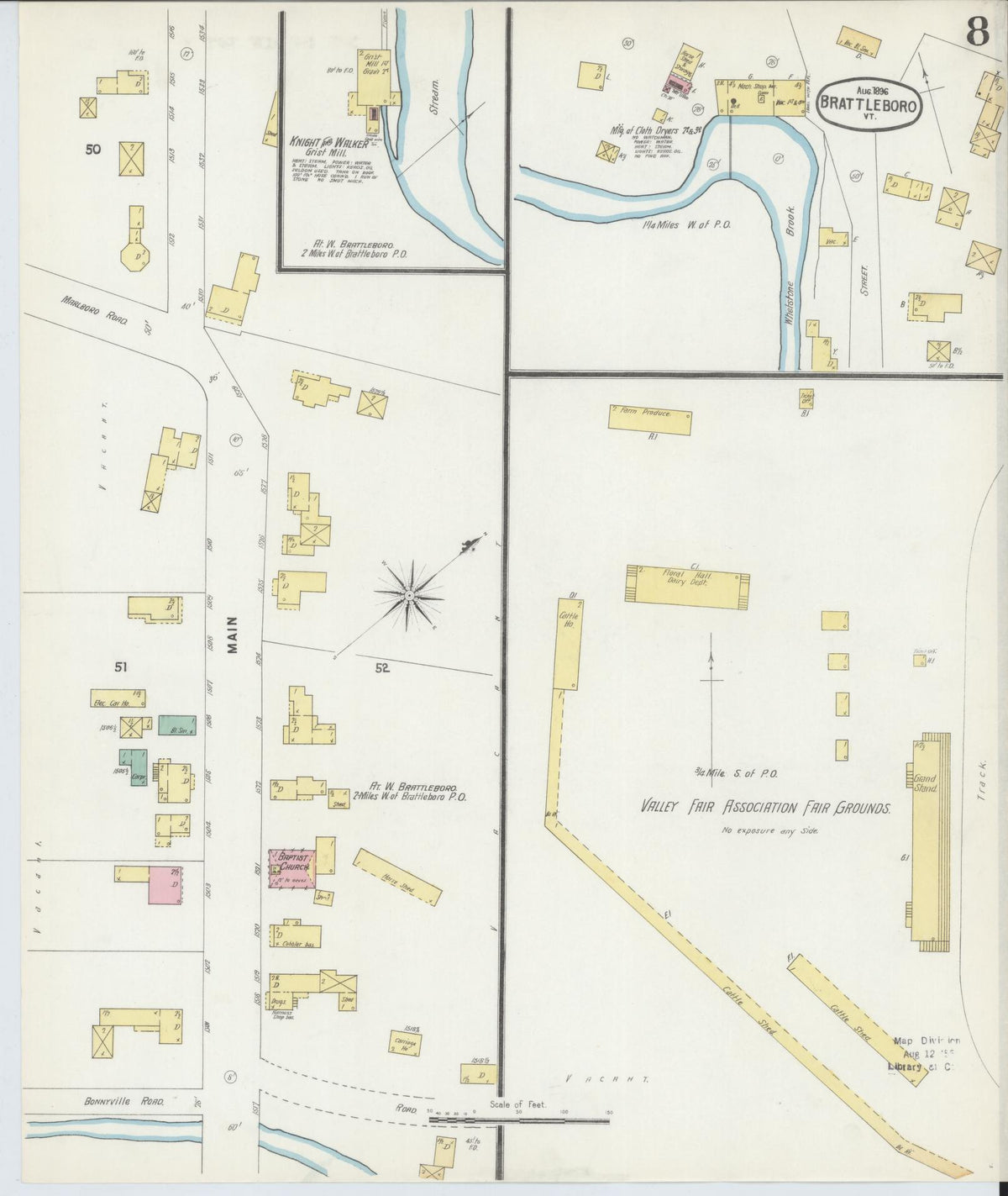 Sanborn Fire Insurance Map from Brattleboro, Windham County, Vermont (1896), Sheet #0008 - Historic Sanborn Fire Insurance Map Print, vintage old map wall art, antique decor, genealogy gift, Vermont Vermont map