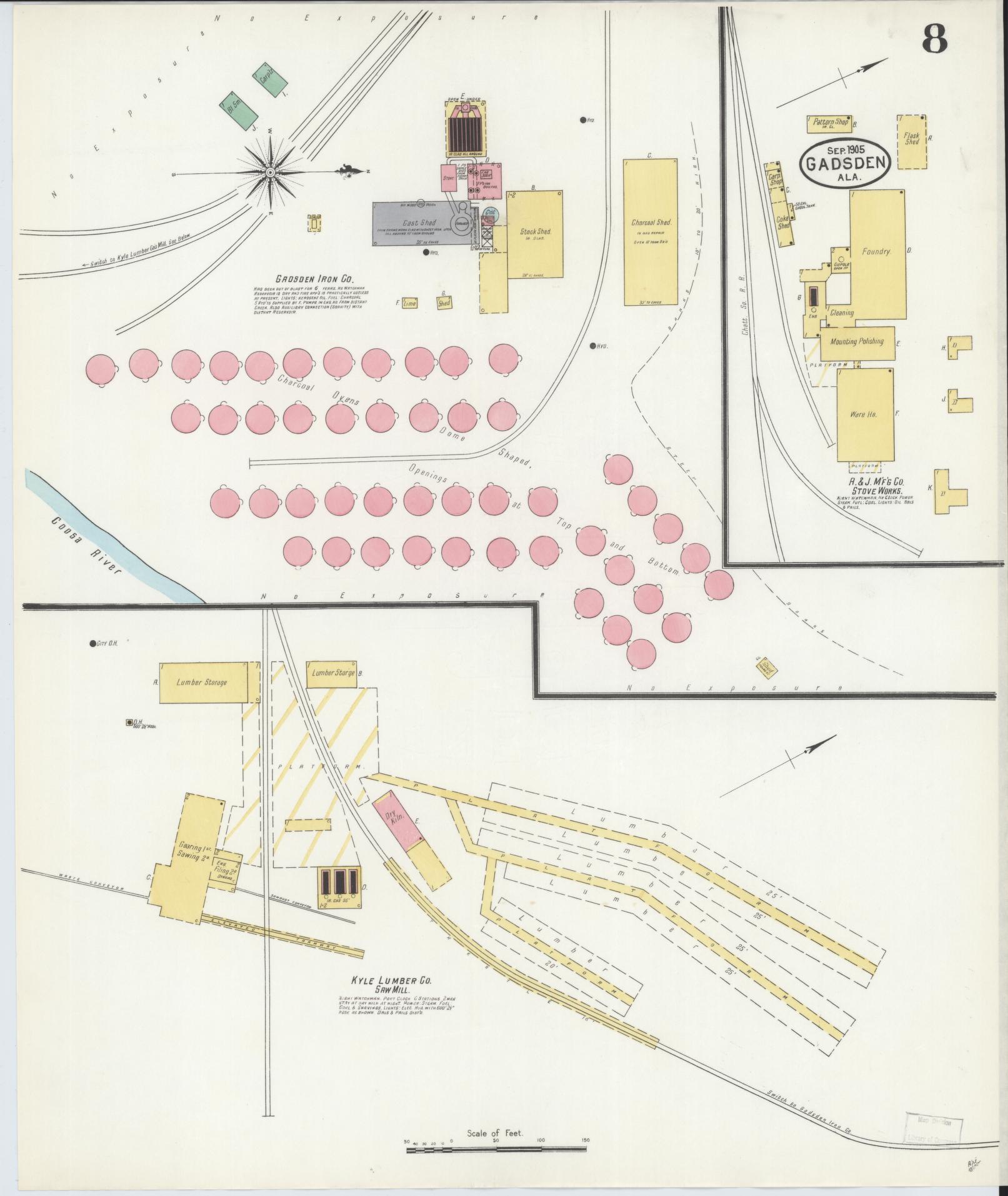 Sanborn Fire Insurance Map from Gadsden, Etowah County, Alabama (1905), Sheet #0008 - Complete Map Set gallery image, historic Sanborn map, vintage wall art, Alabama Alabama