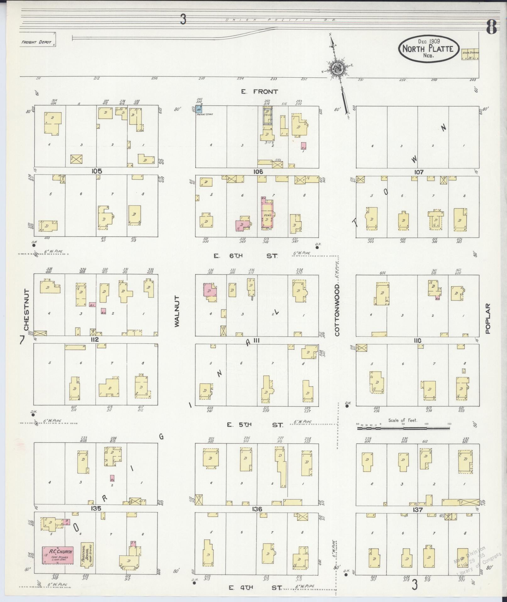 Sanborn Fire Insurance Map from North Platte, Lincoln County, Nebraska (1909), Sheet #0008 - Historic Sanborn Fire Insurance Map Print, vintage old map wall art, antique decor, genealogy gift, Nebraska Nebraska map