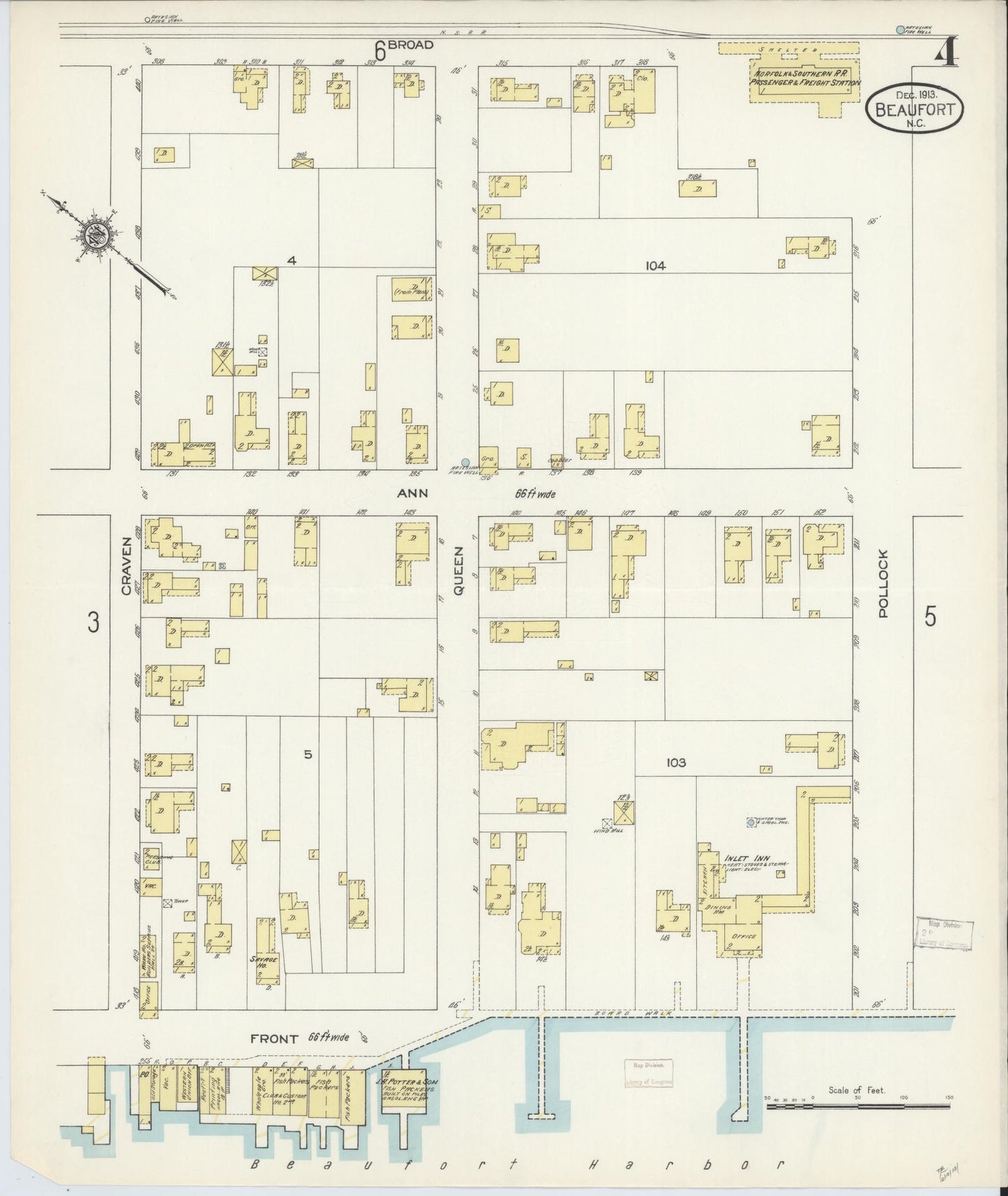 Sanborn Fire Insurance Map from Beaufort, Carteret County, North Carolina (1913), Sheet #0004 - Complete Map Set gallery image, historic Sanborn map, vintage wall art, North Carolina North Carolina