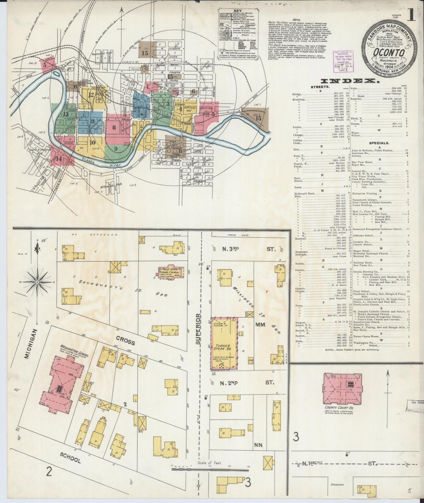 Sanborn Fire Insurance Map from Oconto, Oconto County, Wisconsin (1904), Sheet #0001 - Complete Map Set gallery image, historic Sanborn map, vintage wall art, Wisconsin Wisconsin