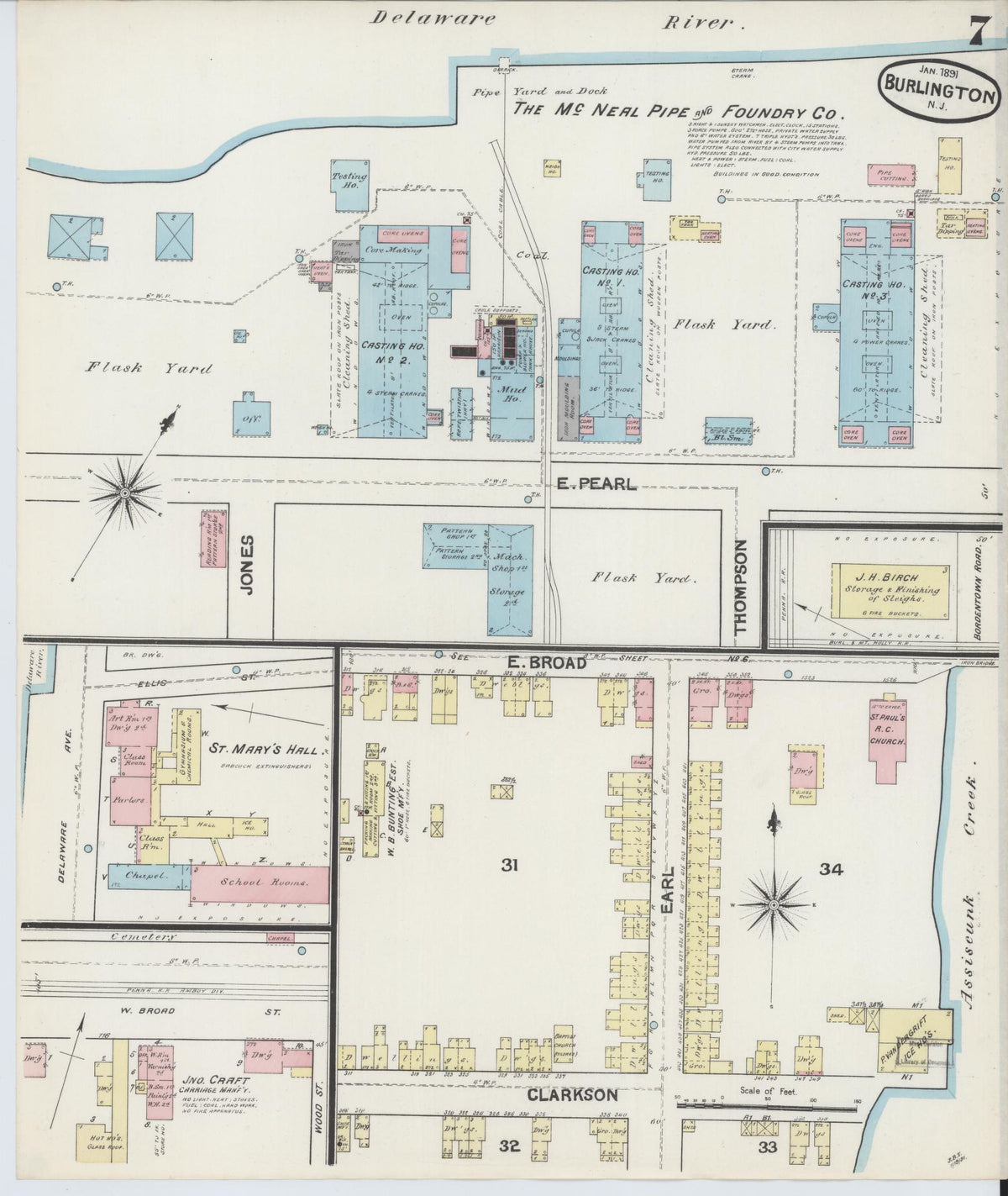 Sanborn Fire Insurance Map from Burlington, Burlington County, New Jersey (1891), Sheet #0007 - Complete Map Set gallery image, historic Sanborn map, vintage wall art, New Jersey New Jersey