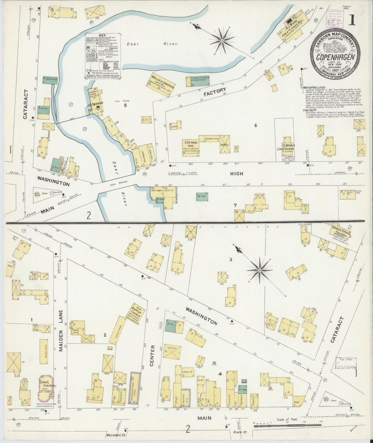 Sanborn Fire Insurance Map from Copenhagen, Lewis County, New York (1907), Sheet #0001 - Complete Map Set gallery image, historic Sanborn map, vintage wall art, New York New York