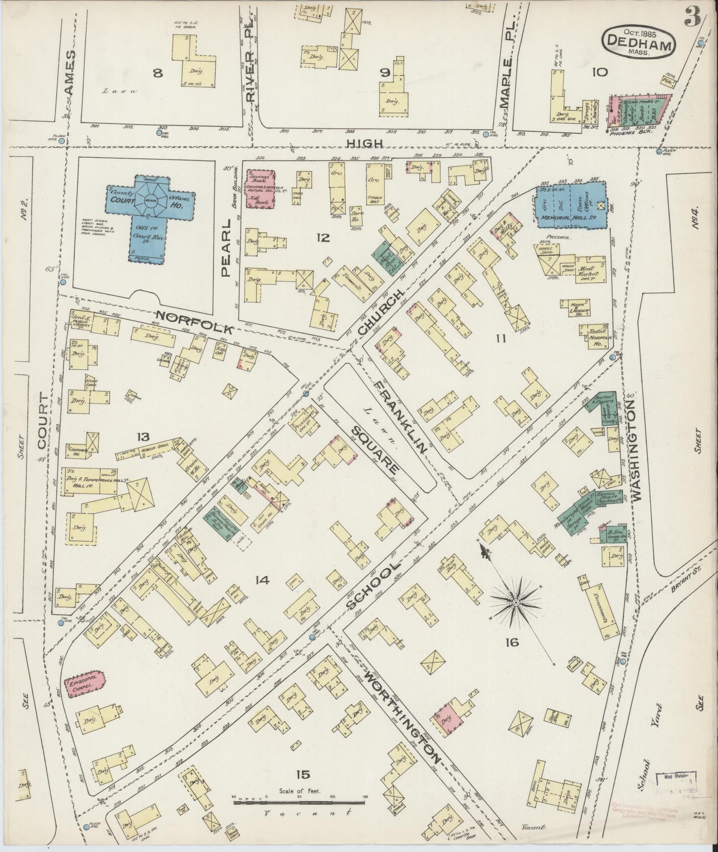 Sanborn Fire Insurance Map from Dedham, Norfolk County, Massachusetts (1885), Sheet #0003 - Complete Map Set gallery image, historic Sanborn map, vintage wall art, Massachusetts Massachusetts