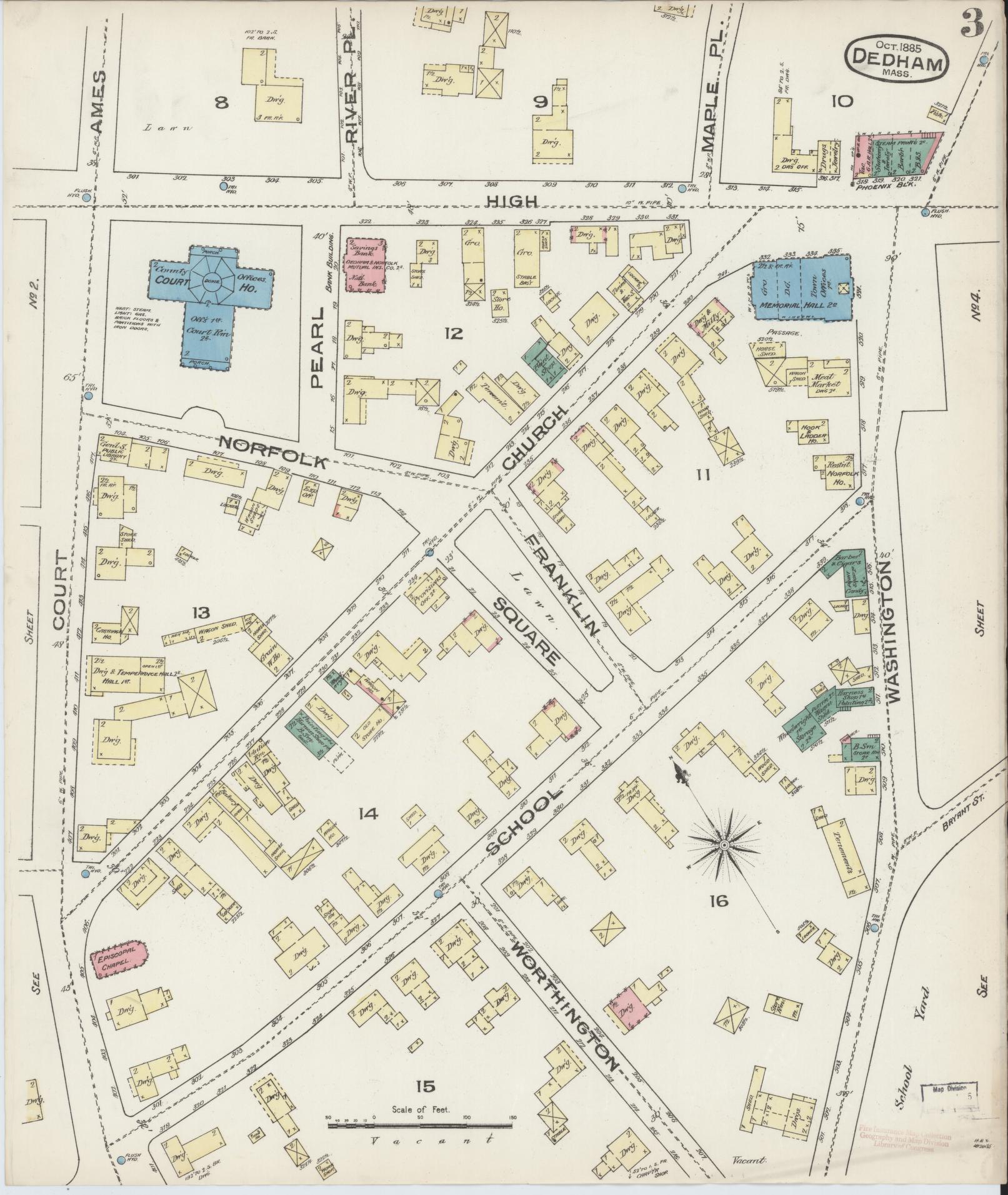 Sanborn Fire Insurance Map from Dedham, Norfolk County, Massachusetts (1885), Sheet #0003 - Complete Map Set gallery image, historic Sanborn map, vintage wall art, Massachusetts Massachusetts