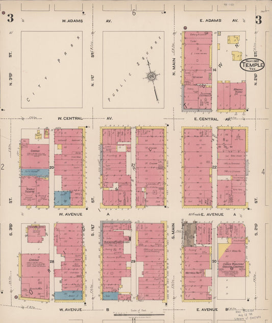 Sanborn Fire Insurance Map from Temple, Bell County, Texas (1922), Sheet #0003 - Historic Sanborn Fire Insurance Map Print, vintage old map wall art, antique decor, genealogy gift, Texas Texas map