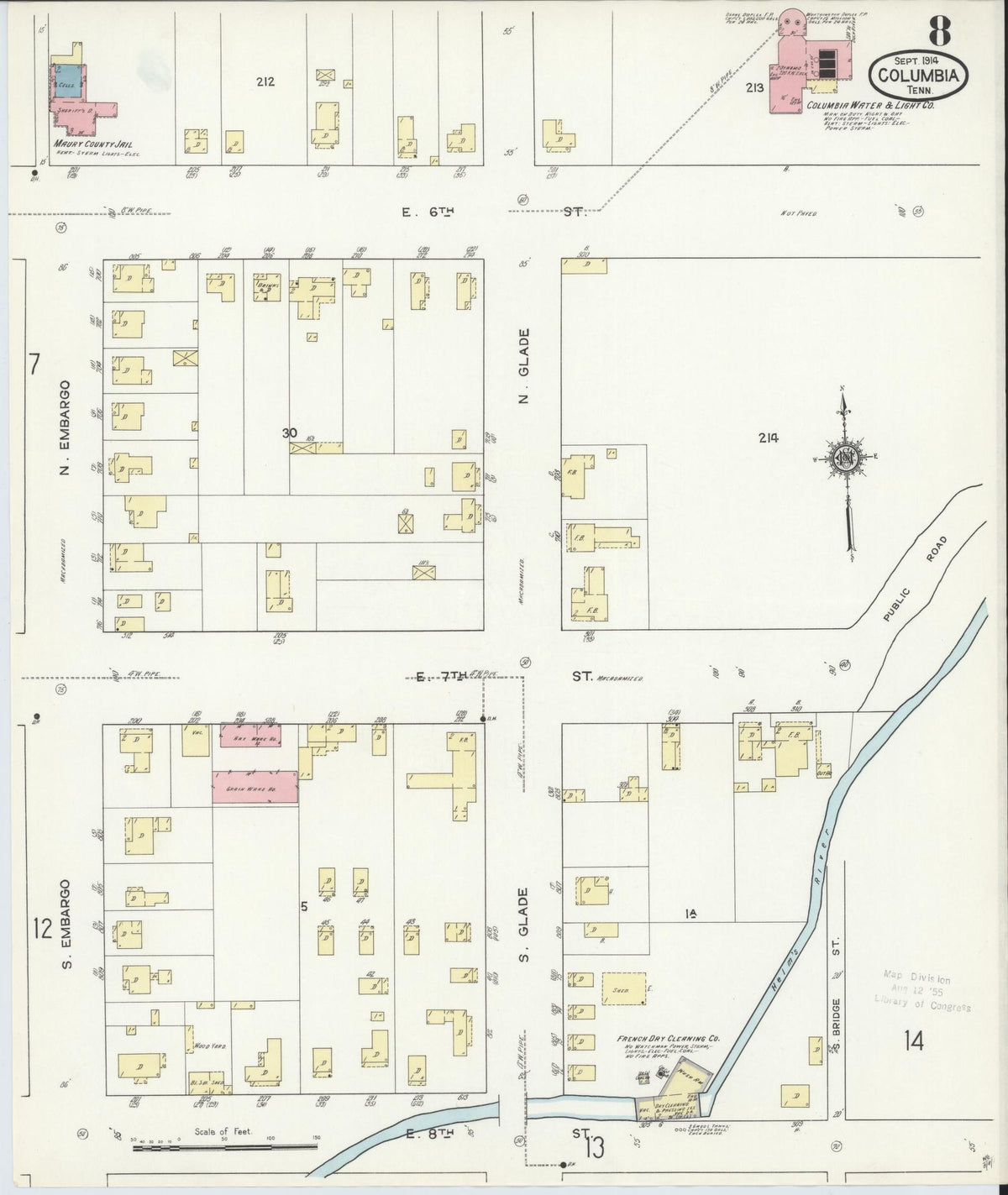 Sanborn Fire Insurance Map from Columbia, Maury County, Tennessee (1914), Sheet #0008 - Complete Map Set gallery image, historic Sanborn map, vintage wall art, Tennessee Tennessee