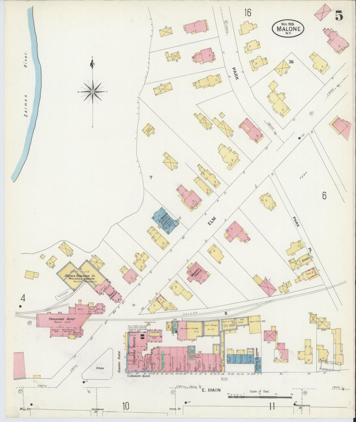 Sanborn Fire Insurance Map from Malone, Franklin County, New York (1908), Sheet #0005 - Complete Map Set gallery image, historic Sanborn map, vintage wall art, New York New York