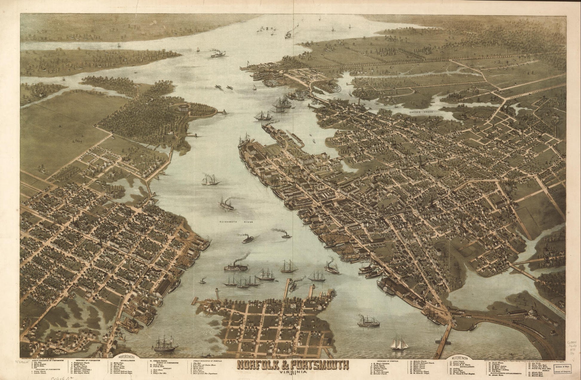 Norfolk & Portsmouth, Virginia 1873. (1873) – Historic Bird’s-Eye View Panorama Print