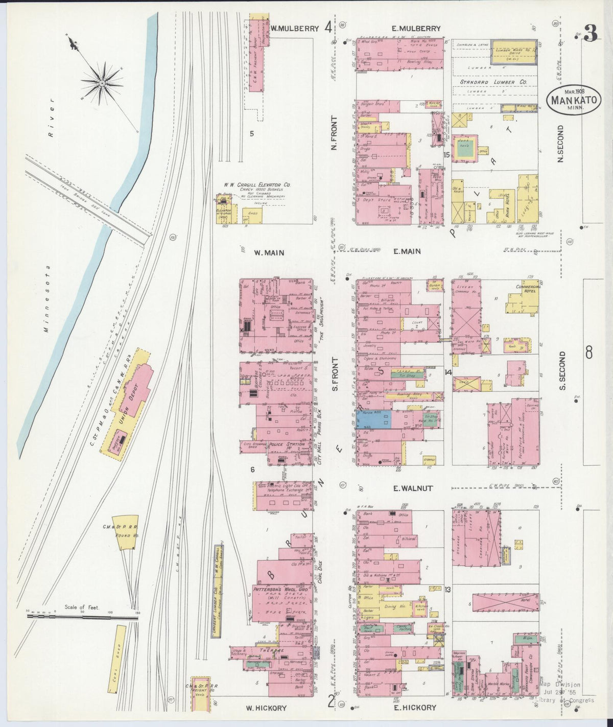 Sanborn Fire Insurance Map from Mankato, Blue Earth County, Minnesota (1908), Sheet #0003 - Historic Sanborn Fire Insurance Map Print, vintage old map wall art, antique decor, genealogy gift, Minnesota Minnesota map