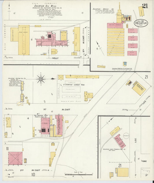 Sanborn Fire Insurance Map from Decatur, Morgan County, Alabama (1908), Sheet #0021 - Historic Sanborn Fire Insurance Map Print, vintage old map wall art, antique decor, genealogy gift, Alabama Alabama map