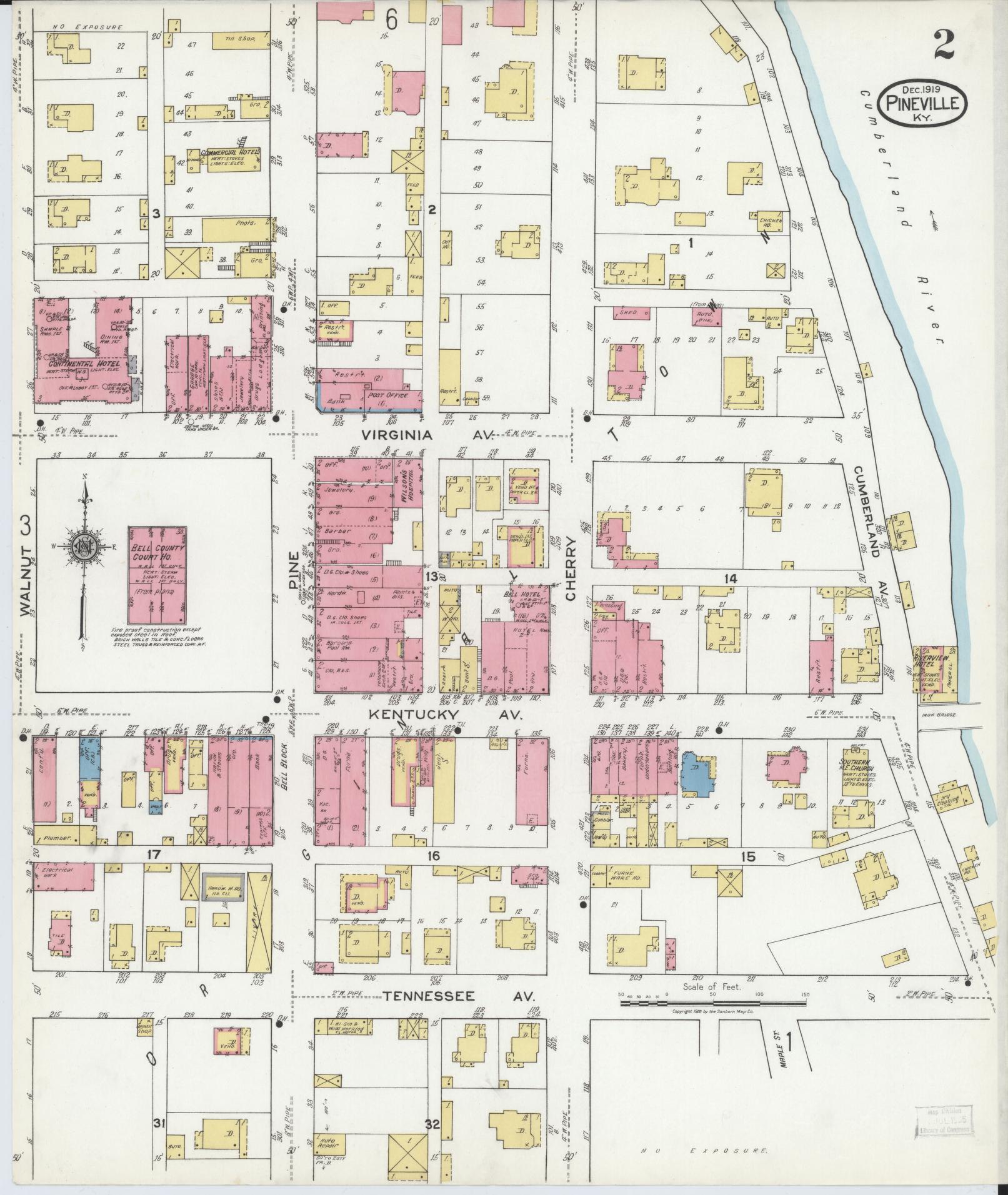 Sanborn Fire Insurance Map from Pineville, Bell County, Kentucky (1919), Sheet #0002 - Complete Map Set gallery image, historic Sanborn map, vintage wall art, Kentucky Kentucky