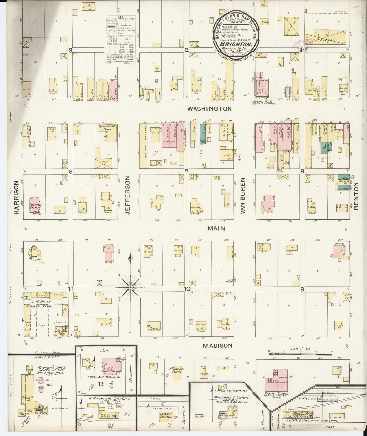Sanborn Fire Insurance Map from Brighton, Washington County, Iowa (1893), Sheet #0001 - Historic Sanborn Fire Insurance Map Print, vintage old map wall art