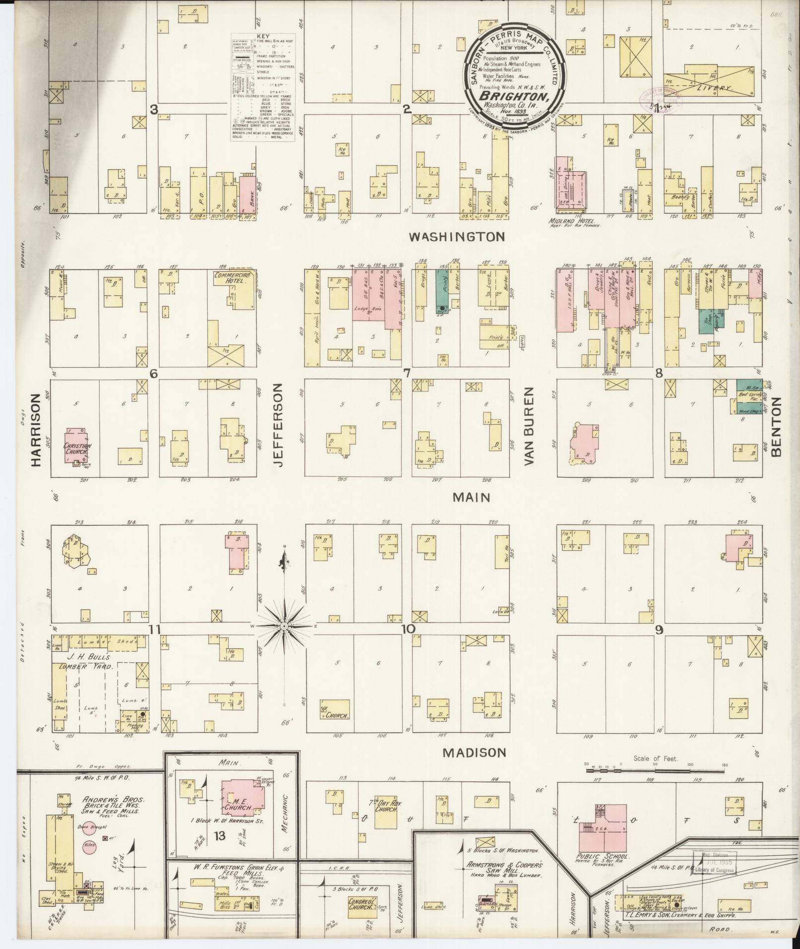 Sanborn Fire Insurance Map from Brighton, Washington County, Iowa (1893), Sheet #0001 - Historic Sanborn Fire Insurance Map Print, vintage old map wall art