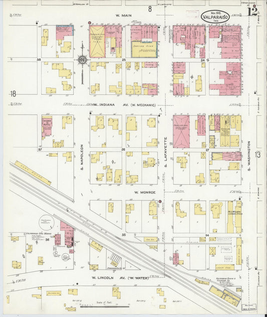 Sanborn Fire Insurance Map from Valparaiso, Porter County, Indiana (1910), Sheet #0012 - Historic Sanborn Fire Insurance Map Print, vintage old map wall art, antique decor, genealogy gift, Indiana Indiana map