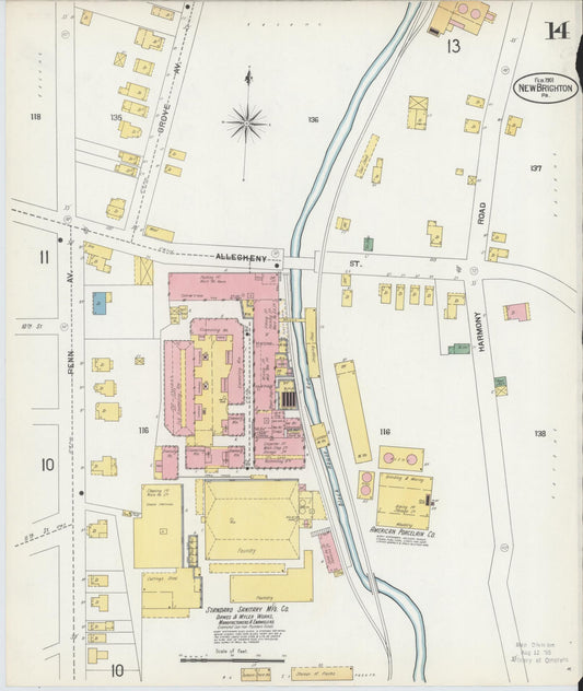 Sanborn Fire Insurance Map from New Brighton, Beaver County, Pennsylvania (1901), Sheet #0014 - Historic Sanborn Fire Insurance Map Print, vintage old map wall art, antique decor, genealogy gift, Pennsylvania Pennsylvania map
