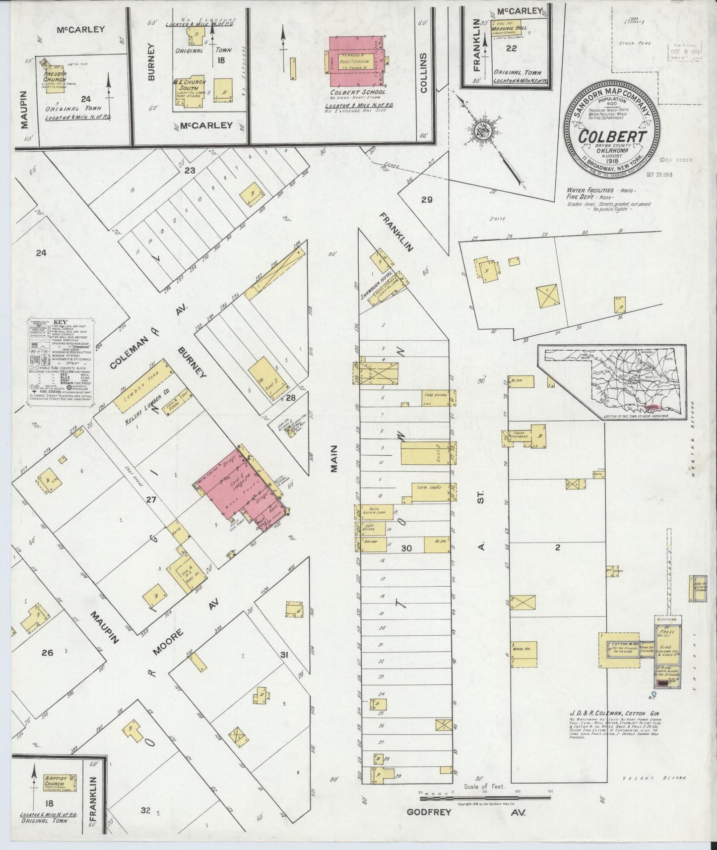 Sanborn Fire Insurance Map from Colbert, Bryan County, Oklahoma (1918), Sheet #0001 - Historic Sanborn Fire Insurance Map Print, vintage old map wall art, antique decor, genealogy gift, Oklahoma Oklahoma map