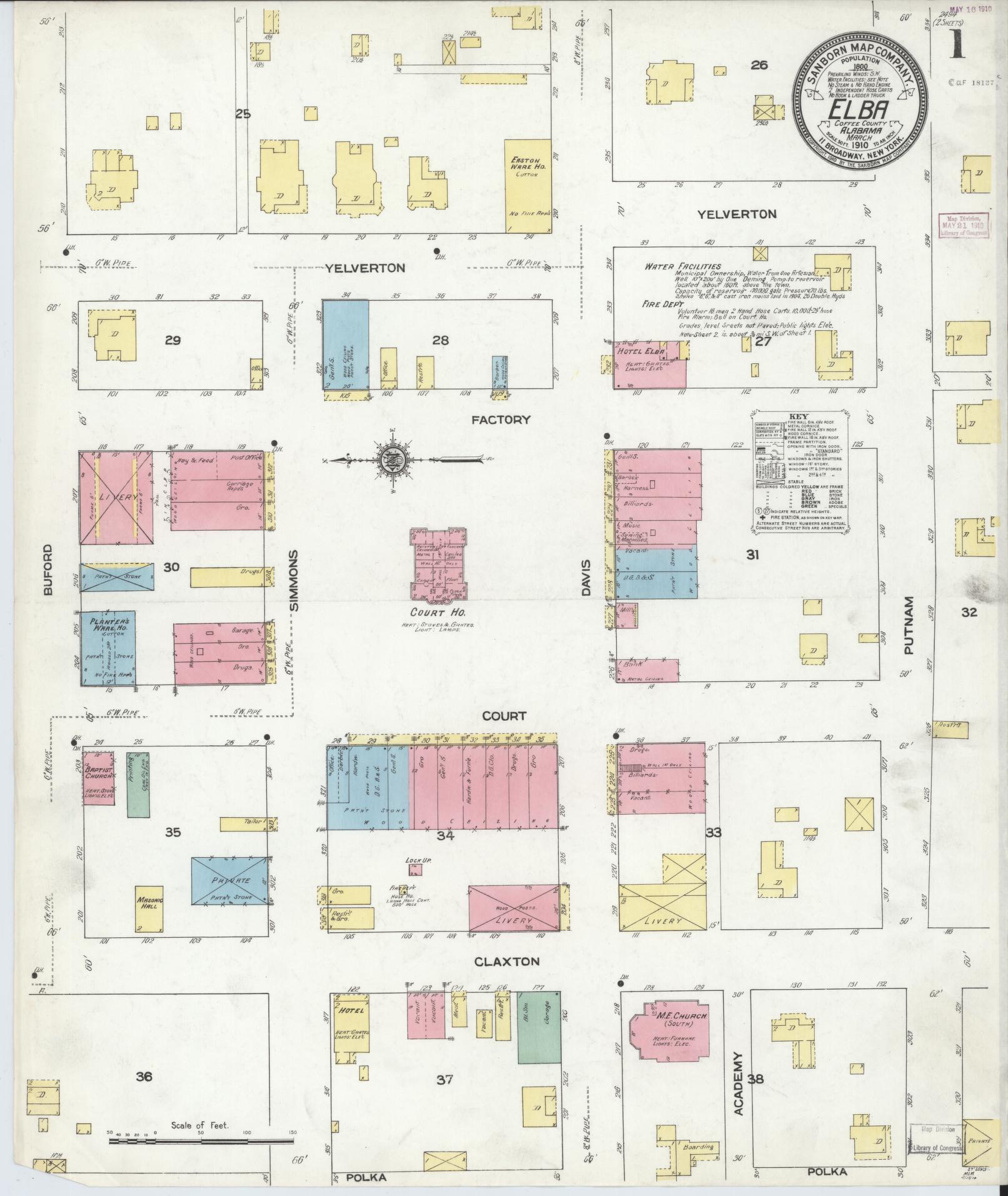 Sanborn Fire Insurance Map from Elba, Coffee County, Alabama (1910), Sheet #0001 - Historic Sanborn Fire Insurance Map Print, vintage old map wall art, antique decor, genealogy gift, Alabama Alabama map
