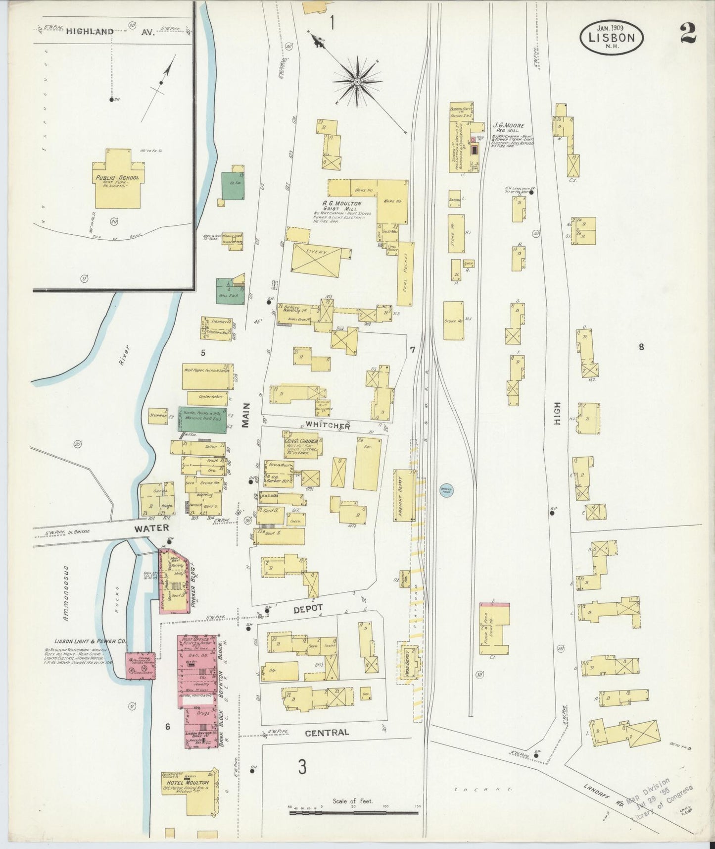 Sanborn Fire Insurance Map from Lisbon, Grafton County, New Hampshire (1909), Sheet #0002 - Historic Sanborn Fire Insurance Map Print, vintage old map wall art, antique decor, genealogy gift, New Hampshire New Hampshire map