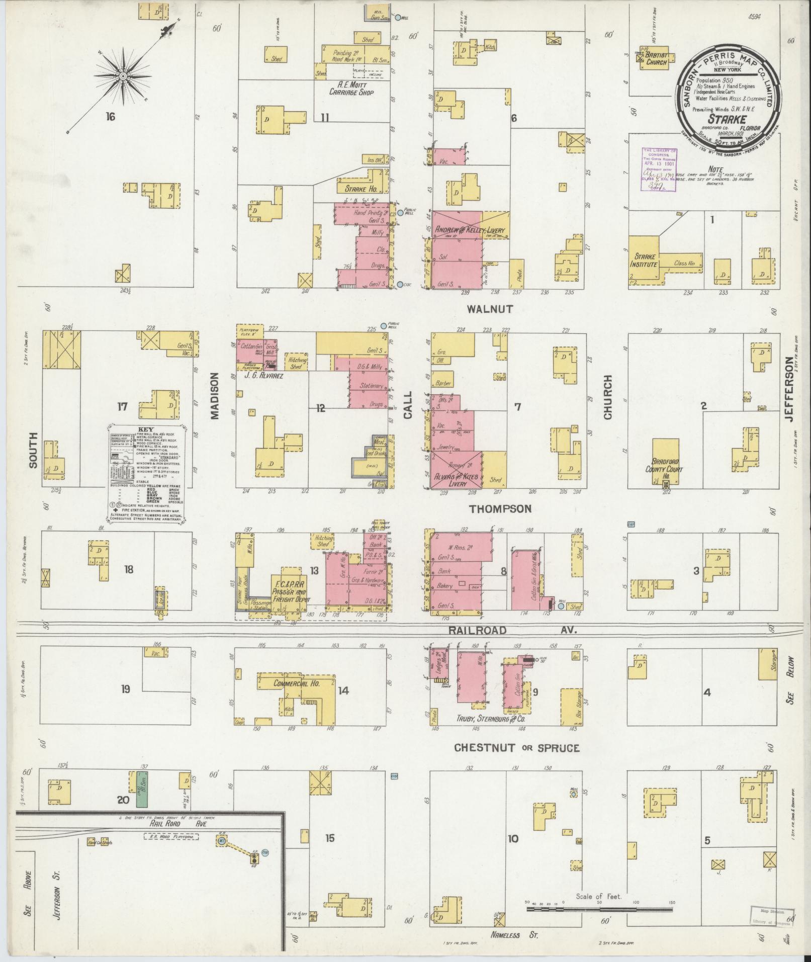 Sanborn Fire Insurance Map from Starke, Bradford County, Florida (1901), Sheet #0001 - Historic Sanborn Fire Insurance Map Print, vintage old map wall art, antique decor, genealogy gift, Florida Florida map